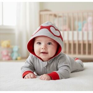 Cat & Jack Hooded Romper Baby 6-9M Gray Red New Captain Cutie Heart Goggles